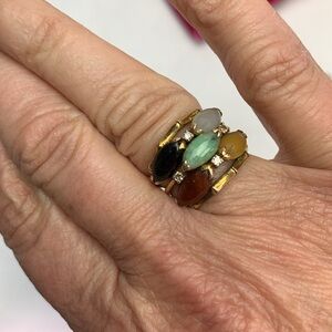 Vintage 14k YG Diamond Multi-colored Jade and Triple Bamboo Band Ring Size 5